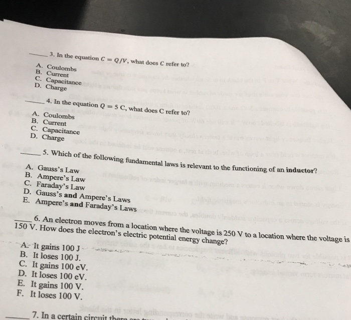 Solved In the equation C = Q/V, what does C refer to? A.