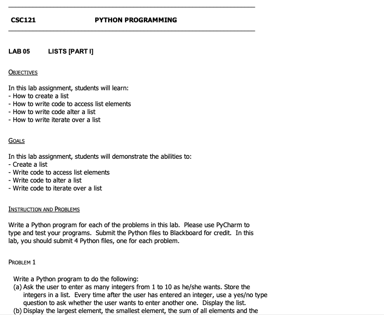 Solved Csc121 Python Programming Lab 05 Lists Part 1 Chegg Com