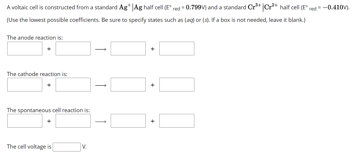Solved A voltaic cell is constructed from a standard Ag+∣Ag | Chegg.com