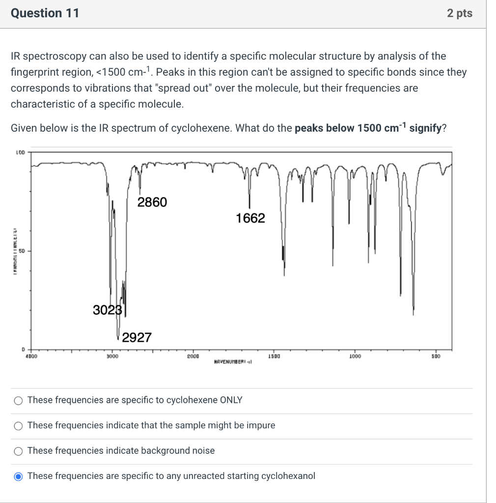 IR spectroscopy can also be used to identify a specific molecular structure by analysis of the fingerprint region, \( <1500 \