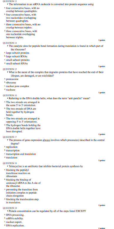 Solved QUESTION 13 • The information in an mRNA molecule is | Chegg.com