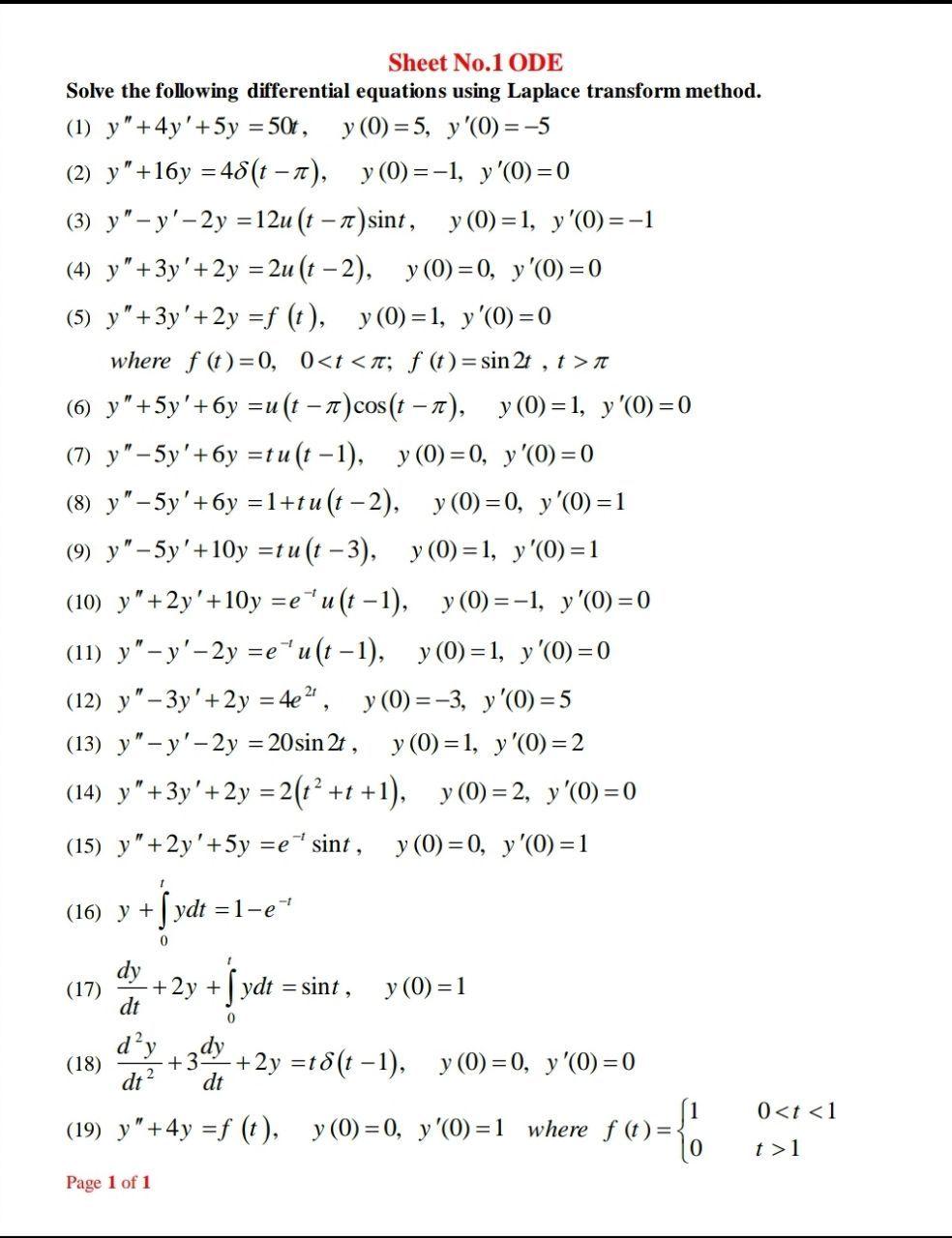 Solved Sheet No.1 ODE Solve the following differential | Chegg.com