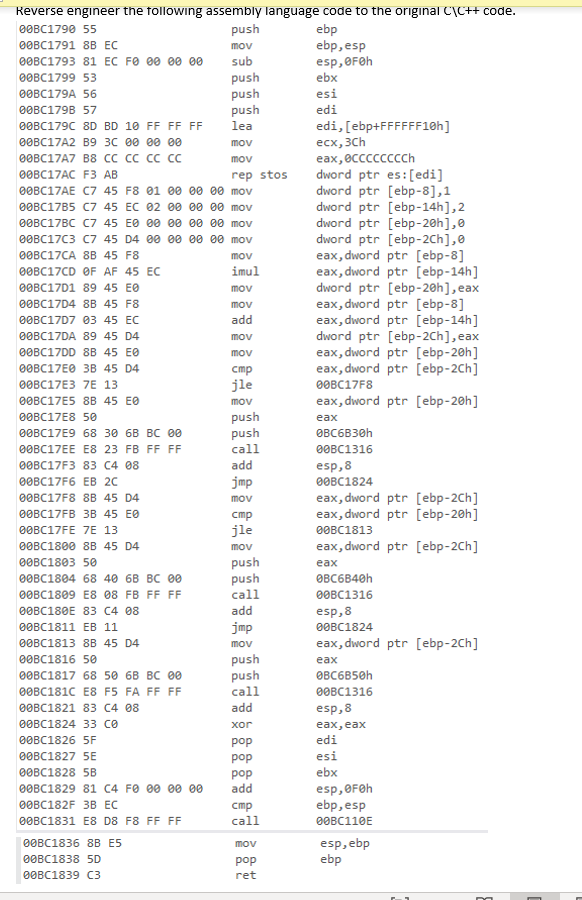 Reverse engineer the following assembly language code | Chegg.com