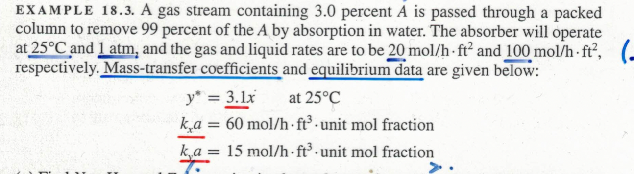 EXAMPLE 18.3. A gas stream containing 3.0 percent A is passed through a packed
column to remove 99 percent of the A by absorp