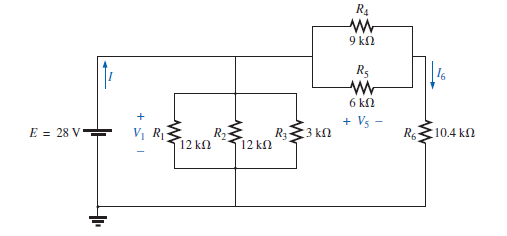 Solved R4 -- 9 ΚΩ Rς 6 ΚΩ + Vs - E = 28 V- VR R2 RS3 ΚΩ 12 | Chegg.com