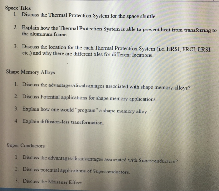 Solved Space Tiles 1. Discuss the Thermal Protection System | Chegg.com