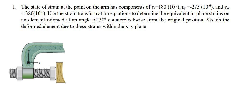 Solved 1. The state of strain at the point on the arm has | Chegg.com