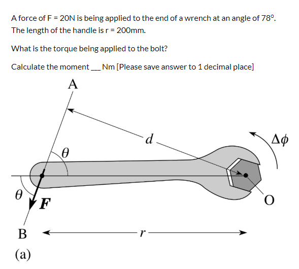 Solved A force of F= 20N is being applied to the end of a