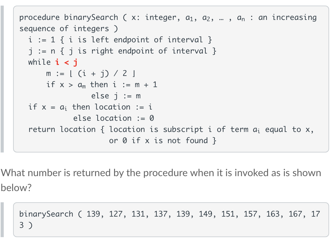 Solved Discrete Math Procedure binarySearch is shown for | Chegg.com