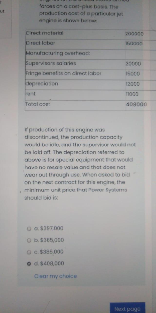 Solved ut forces on a costplus basis. The production cost