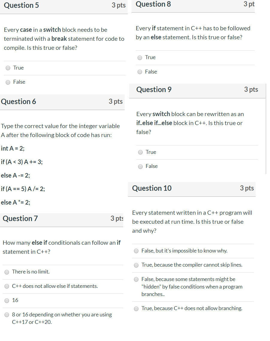 Solved Question 5 3 pts Question 8 3 pt De Every case in a | Chegg.com