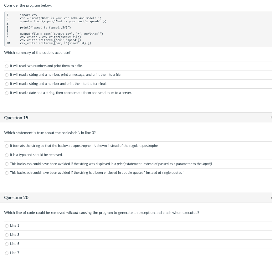 Solved Consider the program below. NMN import csv car = | Chegg.com