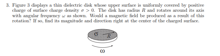 Figure 3 displays a thin dielectric disk whose upper surface is uniformly covered by positive charge of surface charge densit