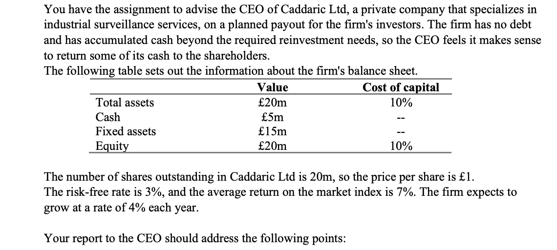 You have the assignment to advise the CEO of Caddaric Ltd, a private company that specializes in
industrial surveillance serv