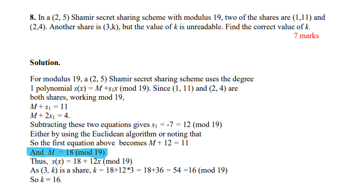 Solved 8 In A 2 5 Shamir Secret Sharing Scheme With Mo Chegg Com
