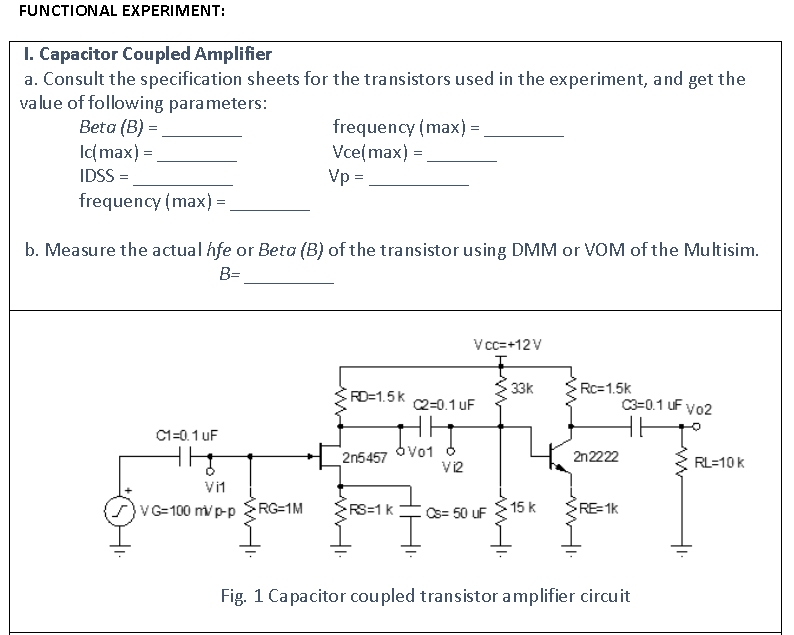 Solved FUNCTIONAL EXPERIMENT I. Capacitor Coupled Amplifier