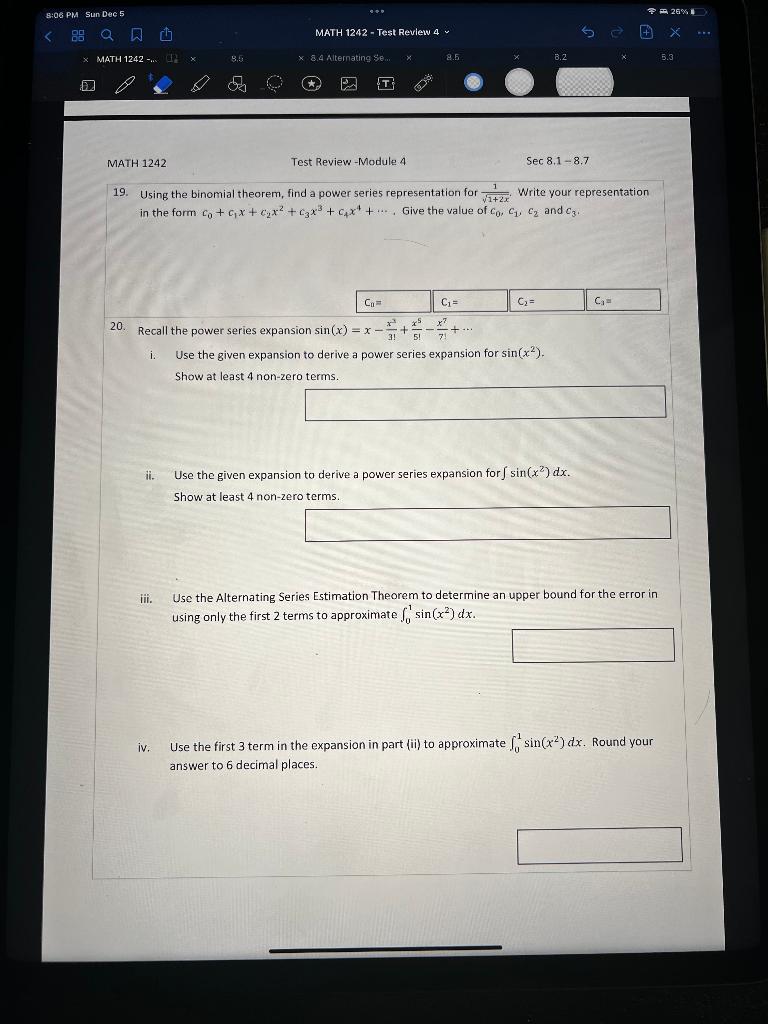 Solved 20% 8:00 PM Sun Dec 5 MATH 1242 - Test Review 4w X X | Chegg.com