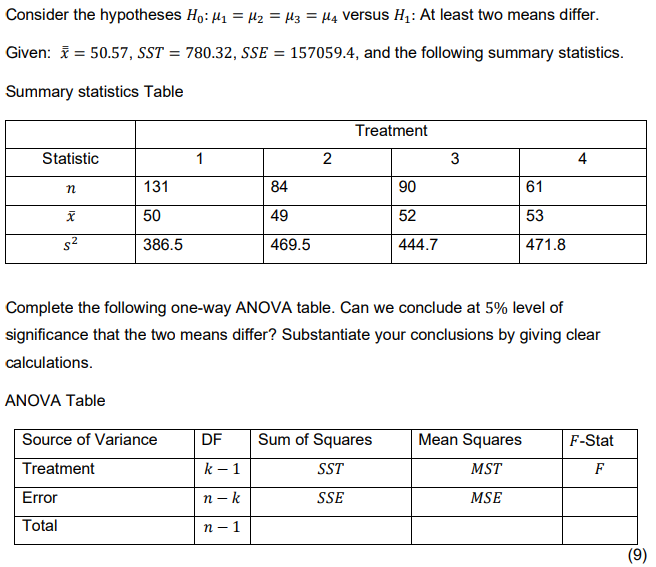 Solved Consider the hypotheses H0:μ1=μ2=μ3=μ4 versus H1: At | Chegg.com