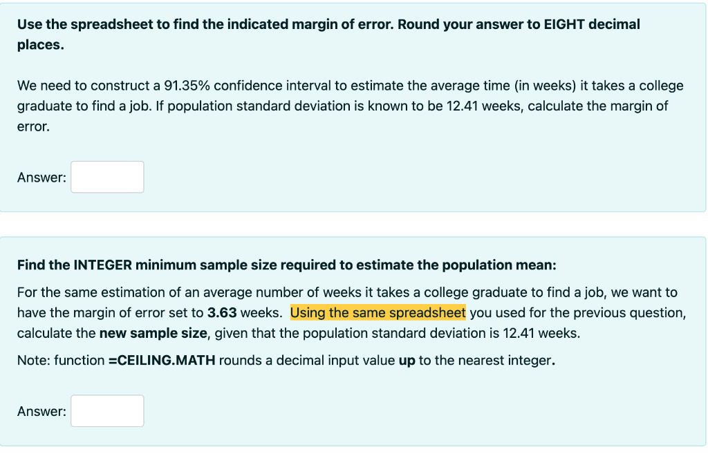 Solved Use the spreadsheet to find the indicated margin of | Chegg.com