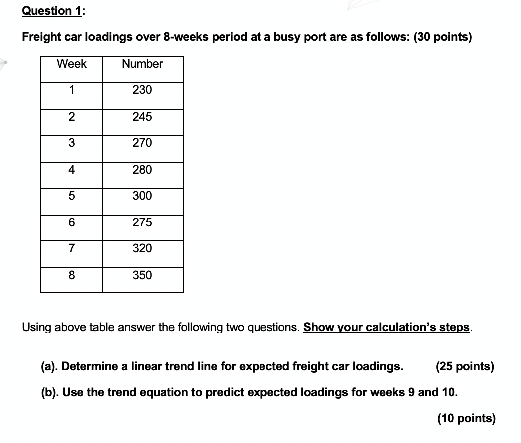Solved Question 1 Freight car loadings over 8weeks period