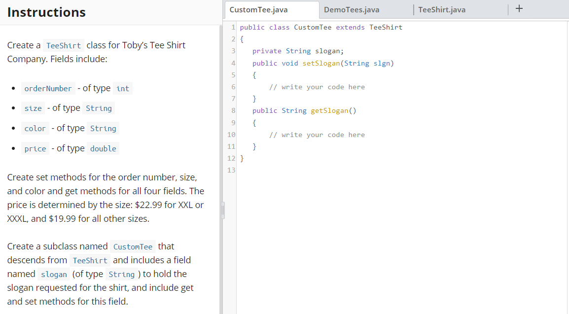 Solved Instructions Custom Tee.java DemoTees.java | Chegg.com