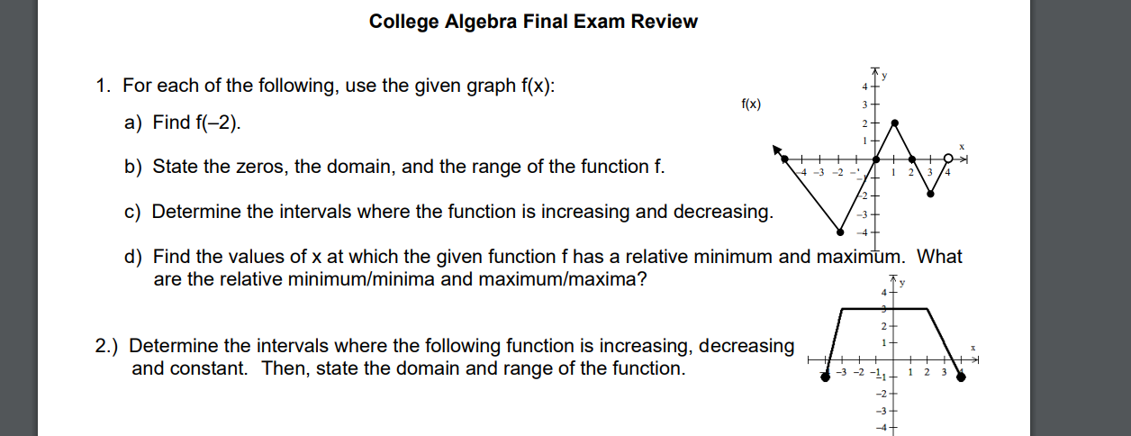 Solved College Algebra Final Exam Review 1 For Each Of The