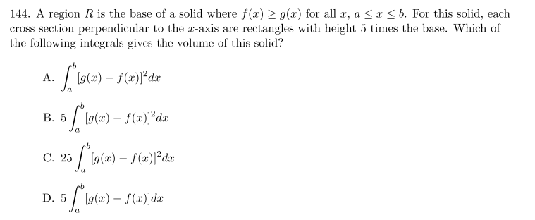 Solved 144. A region R is the base of a solid where f(x) > | Chegg.com