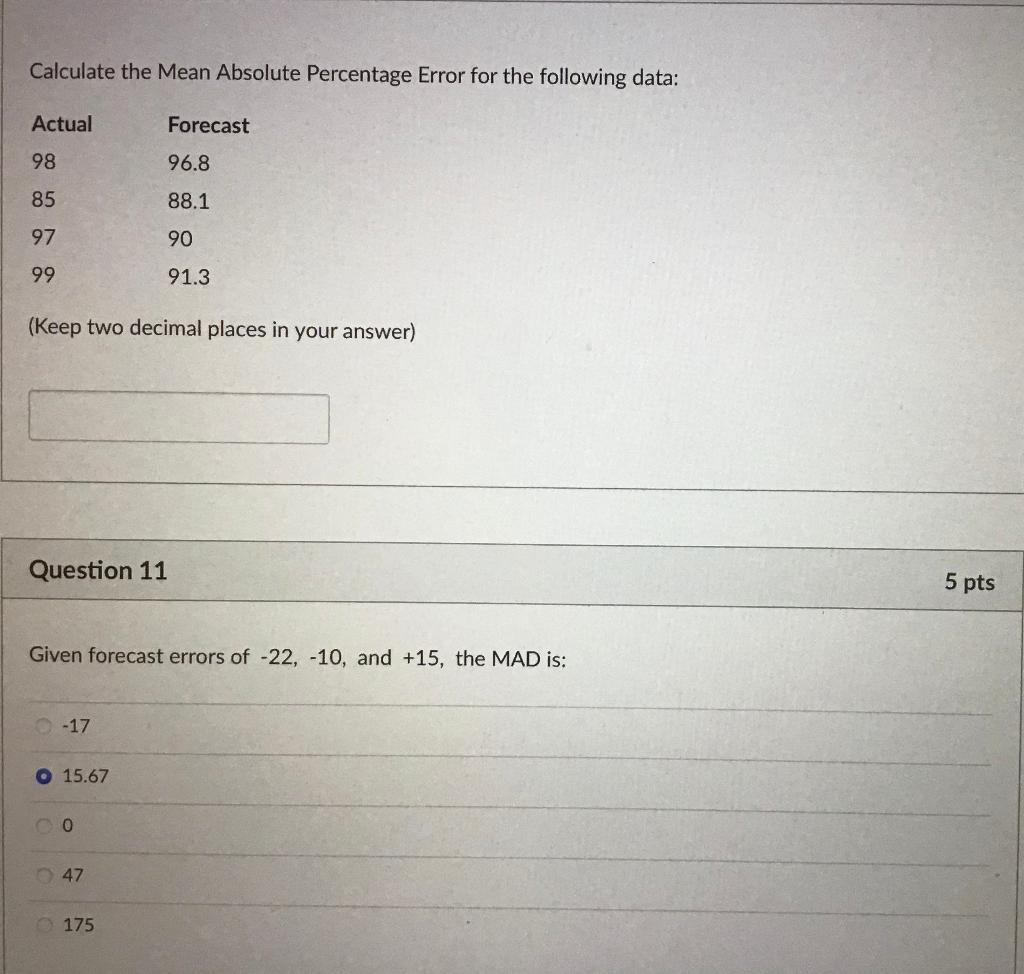 Solved Calculate the Mean Absolute Percentage Error for the | Chegg.com