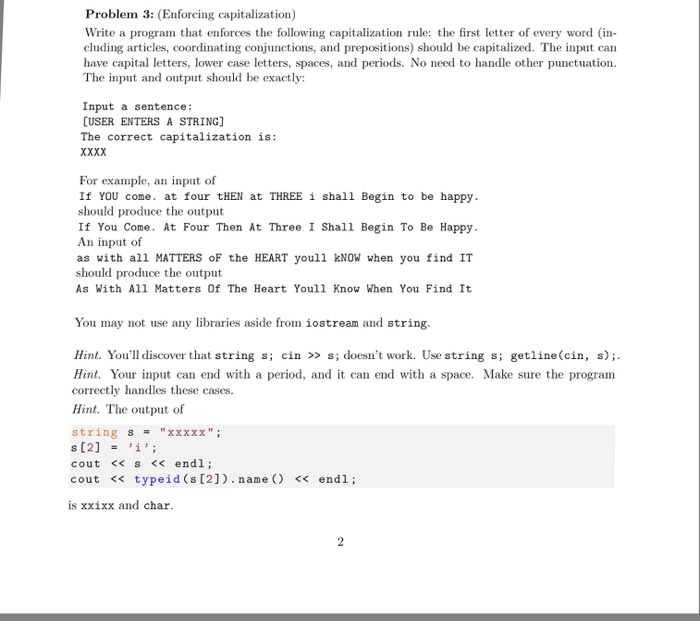 Solved Problem 3: (Enforcing capitalization) Write a program | Chegg.com