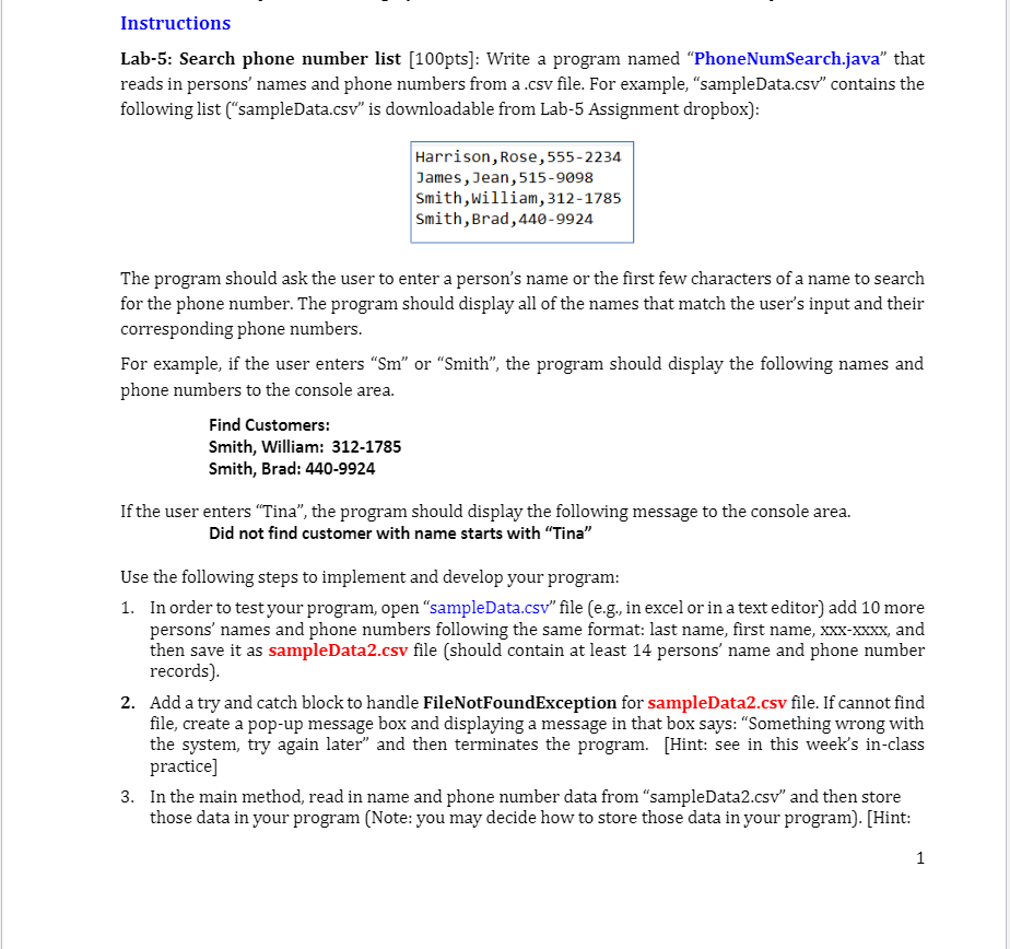 Instructions Lab-5: Search phone number list | Chegg.com
