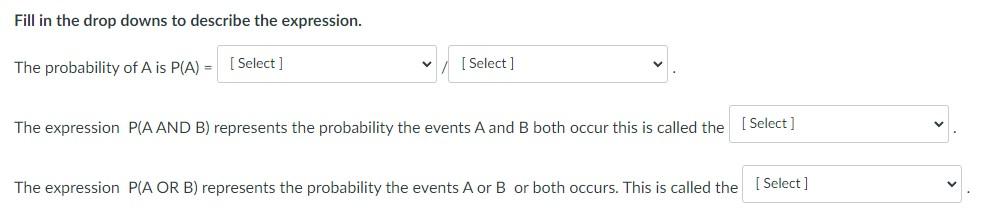 Fill in the drop downs to describe the expression.
The probability of A is P(A) = [Select]
[Select]
The expression P(A AND B)