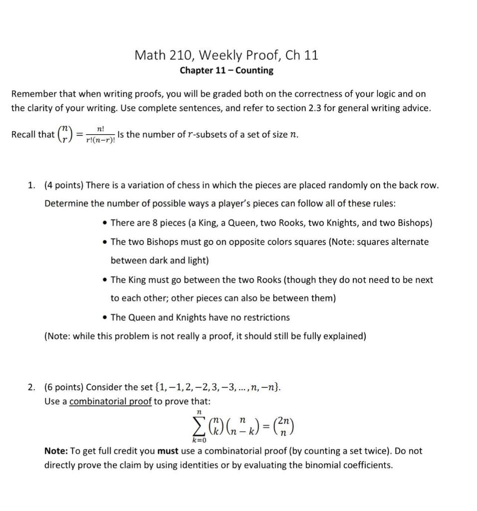 Solved Math 210, Weekly Proof, Ch 11 Chapter 11 - Counting | Chegg.com