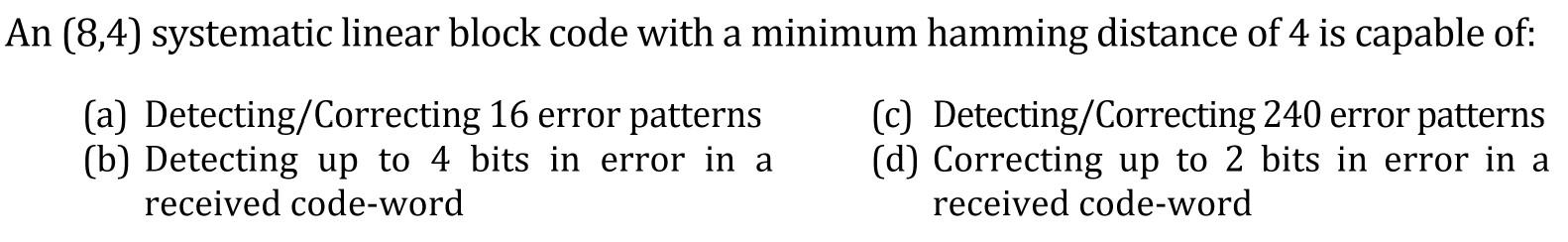 Solved An (8,4) systematic linear block code with a minimum | Chegg.com