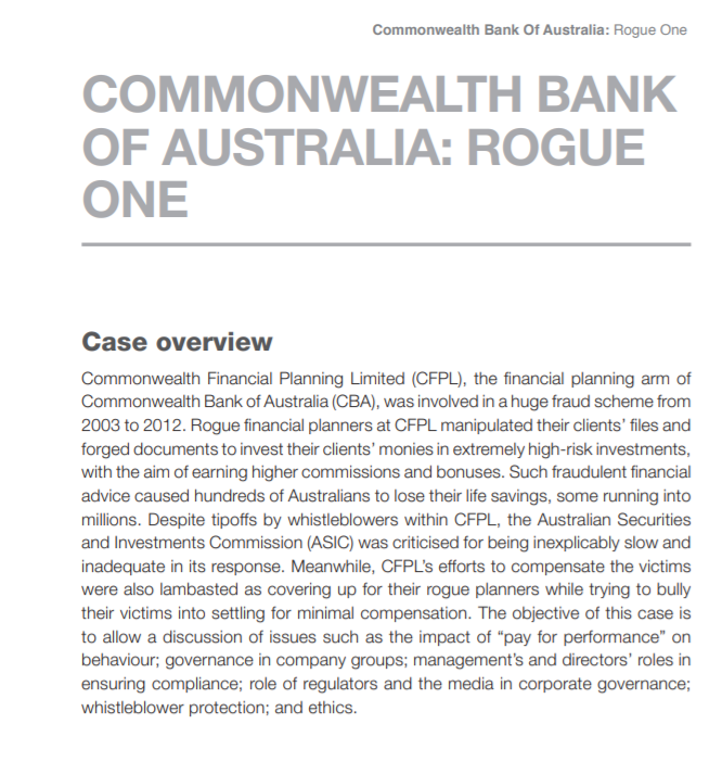 Commonwealth Bank Of Australia: Rogue One COMMONWEALTH BANK OF AUSTRALIA: ROGUE ONE Case overview Commonwealth Financial Plan