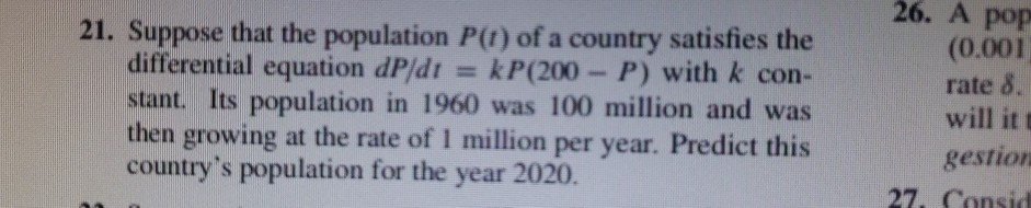 Solved 21. Suppose that the population P(1) of a country | Chegg.com