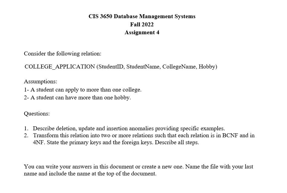 Solved CIS 3650 Database Management Systems Fall 2022 | Chegg.com