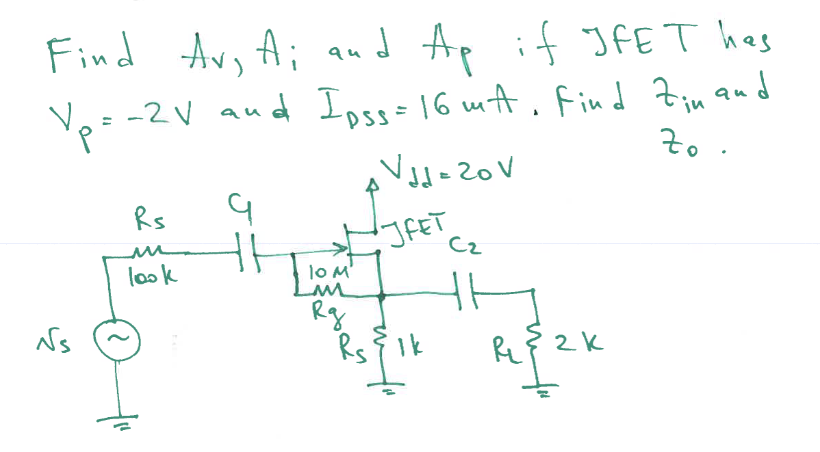 Find Av,Ai and Ap if JFET has Vp=−2 V and Ipss=16 mA. | Chegg.com