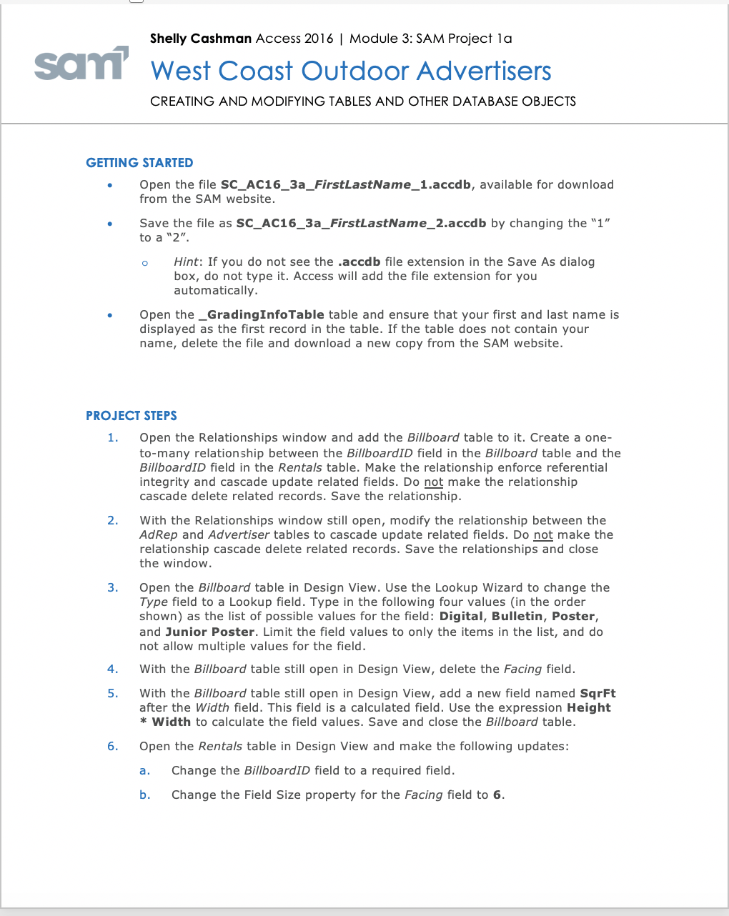 Shelly Cashman Access 2016 Module 3 SAM Project la