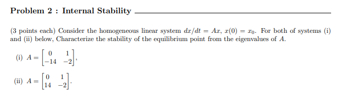 Solved Problem 2 : Internal Stability (3 points each) | Chegg.com