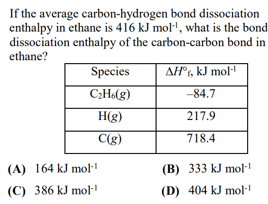 If the average carbon-hydrogen bond dissociation enthalpy in ethane is \( 416 \mathrm{~kJ} \mathrm{~mol}^{-1} \), what is the