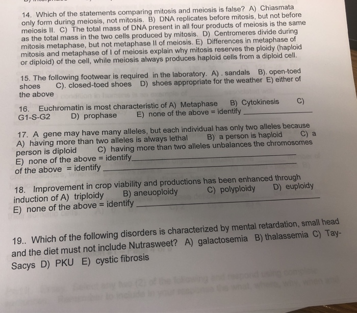 14 Which Of The Statements Paring Mitosis And Chegg 