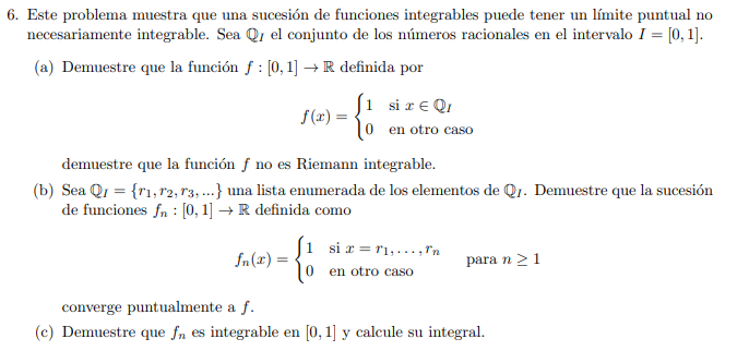 Este problema muestra que una sucesión de funciones integrables puede tener un límite puntual no necesariamente integrable. S