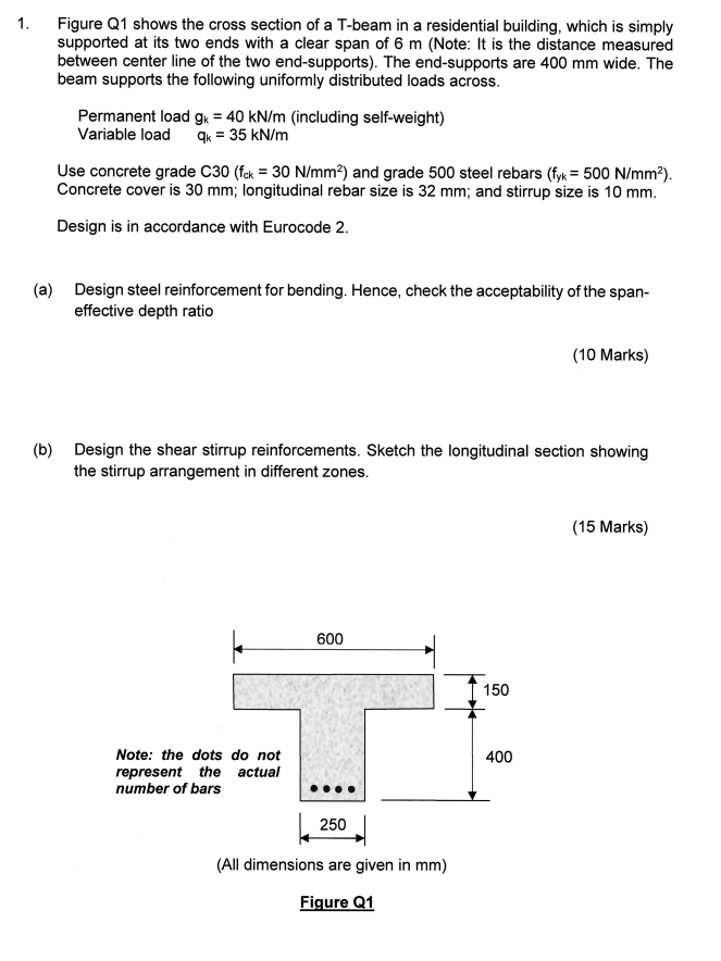 1. Figure Q1 shows the cross section of a T-beam in a residential building, which is simply supported at its two ends with a 