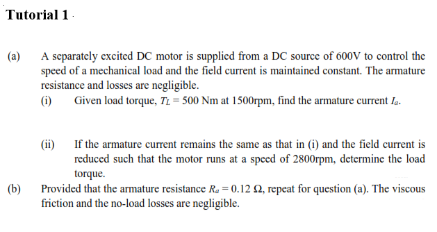 Solved Tutorial 1 (a) A separately excited DC motor is | Chegg.com
