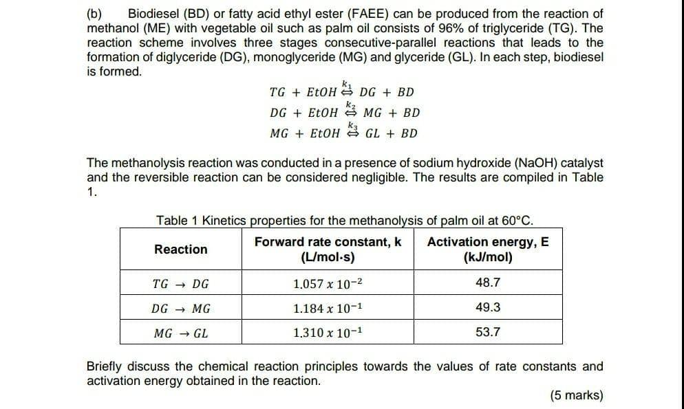 Solved (b) Biodiesel (BD) or fatty acid ethyl ester (FAEE) | Chegg.com