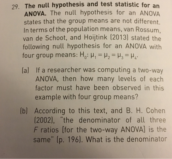 null hypothesis for analysis of variance test