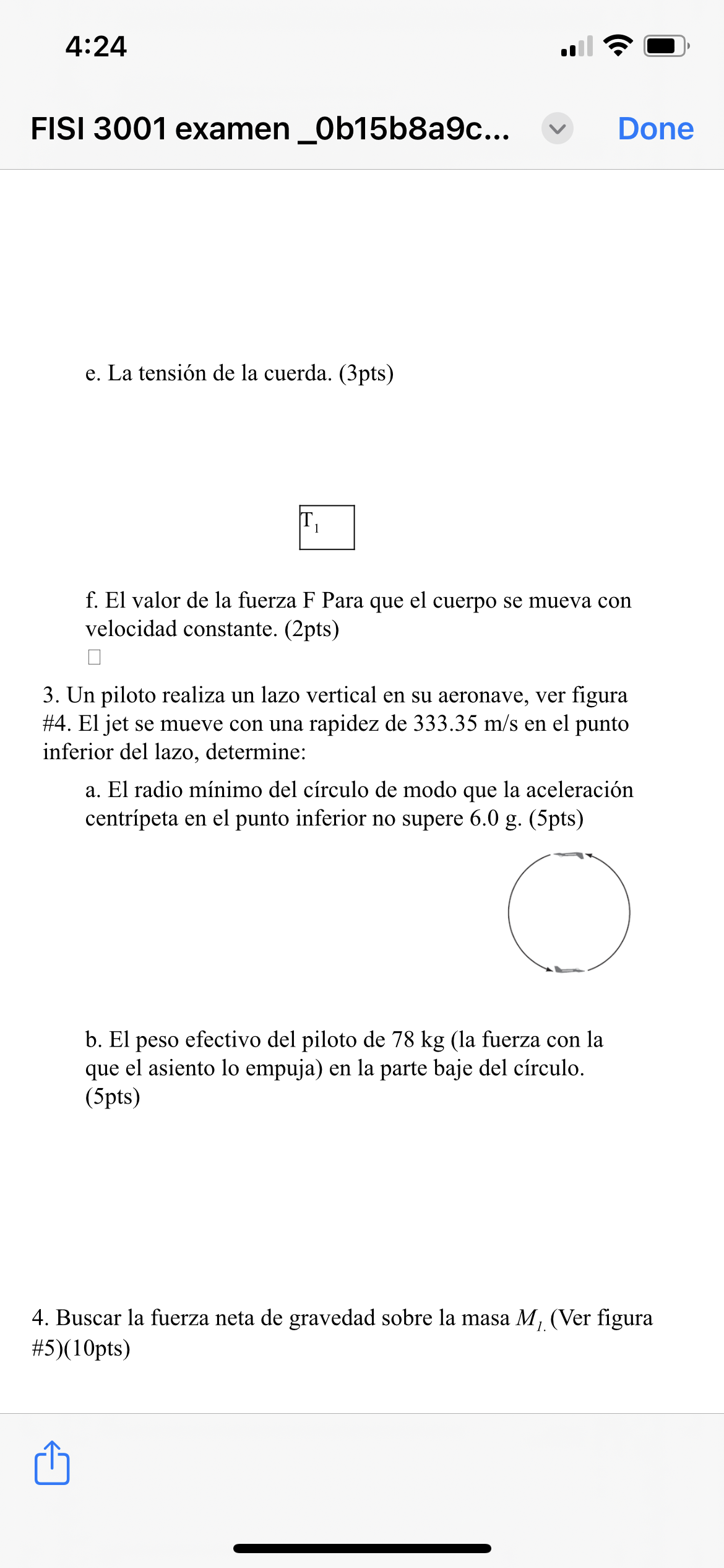 FISI 3001 examen_0b15b8a9c... e. La tensión de la cuerda. (3pts) \( \mathrm{T}_{1} \) f. El valor de la fuerza F Para que el