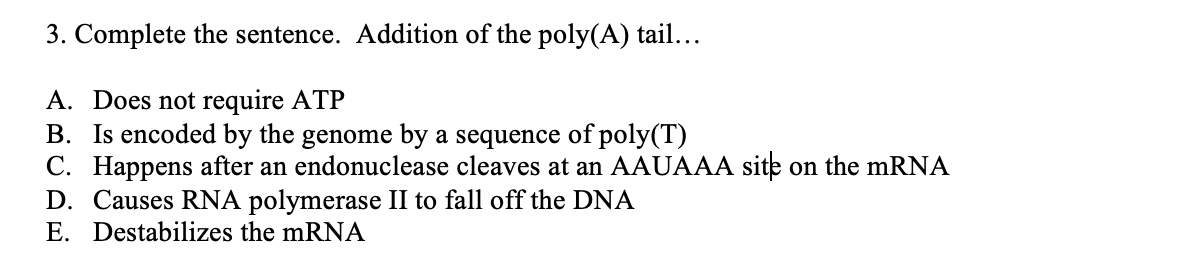 Solved 3. Complete the sentence. Addition of the poly(A) | Chegg.com