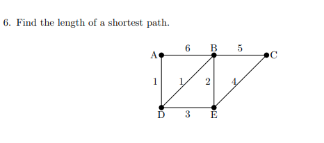 Solved 6. Find the length of a shortest path. 6 B 5 6 AC 1 2 | Chegg.com