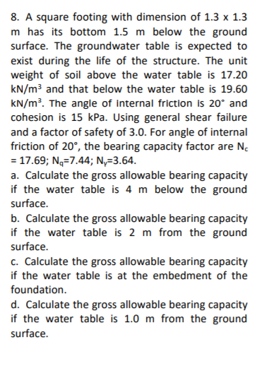 Solved 8. A square footing with dimension of 1.3 x 1.3 m has | Chegg.com